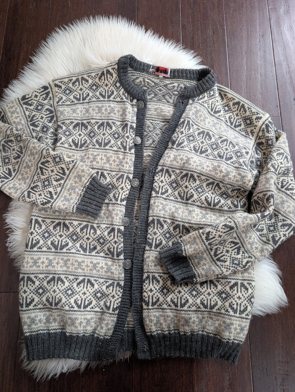 Vossknit Norway Heavyweight Wool Cardigan Sweater Grey Ivory Nordic Size 54 L/XL